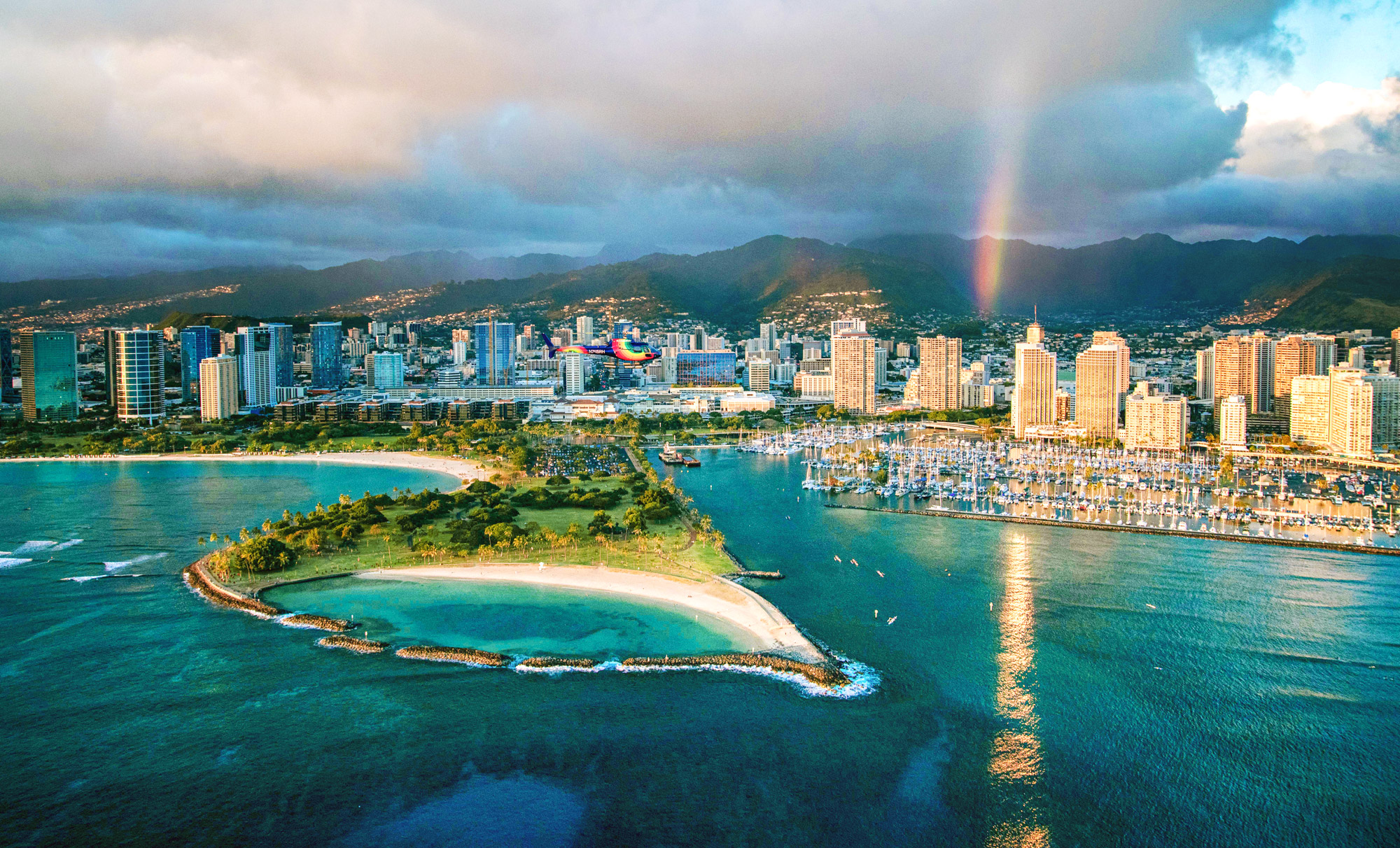 Astar Rainbow Helicopters above Magic Island, And a rainbow over Honolulu