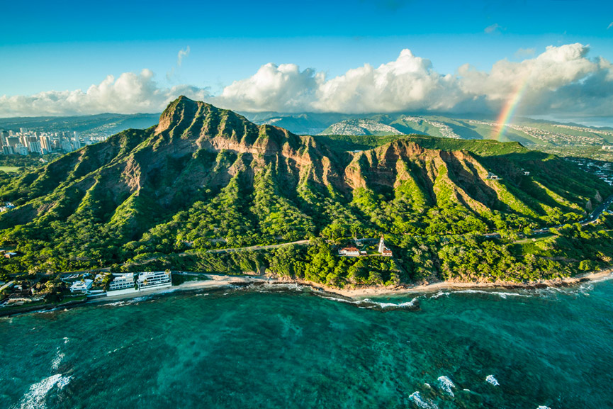 Aerial shot of Diamond Head with Rainbow in background