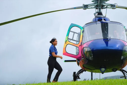 Rainbow Helicopter On Green Lawn, Open Door With Rainbow Staff.