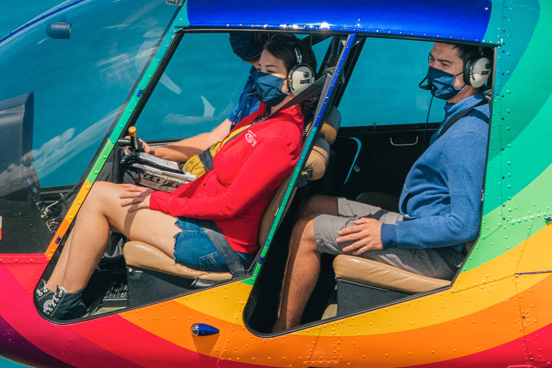 Covid safe masks on a Doors Off helicopter tour with Rainbow Helicopters