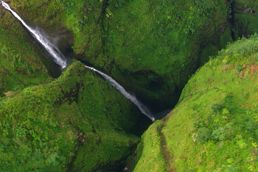 Waterfall: Sacred Falls Oahu seen top down on a Rainbow Helicopter tour