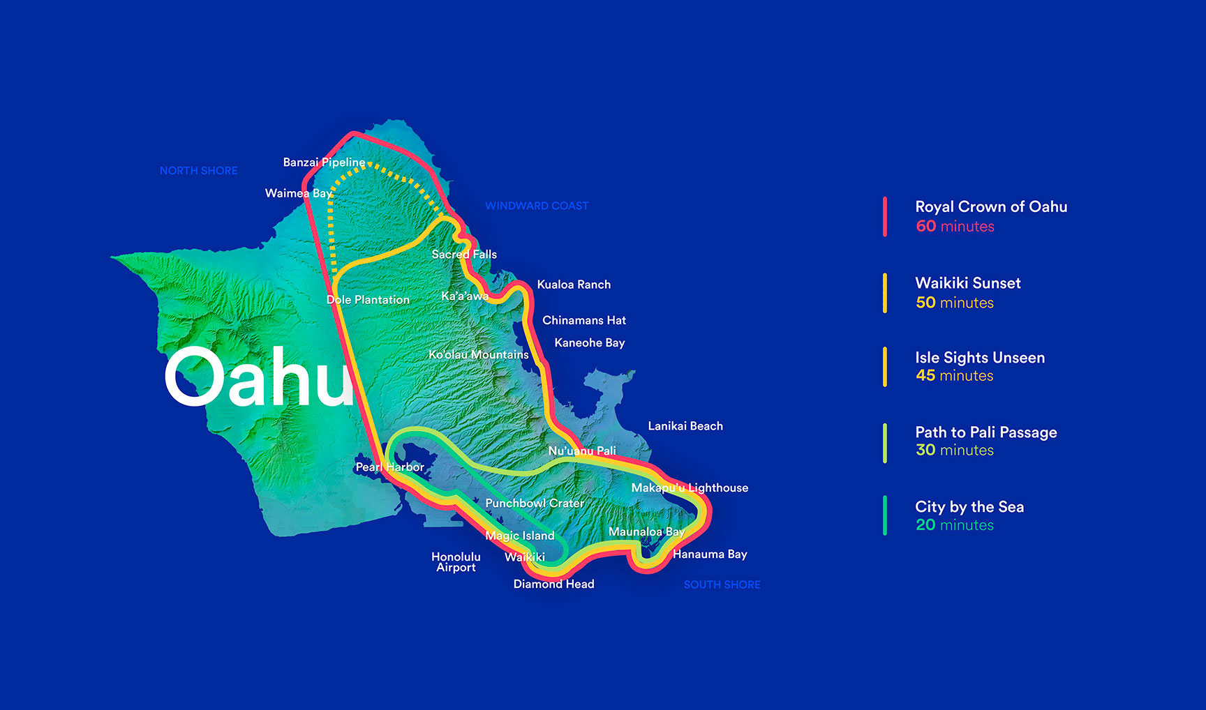 Map of Rainbow Helicopters Oahu Tour Routes and durations 2023