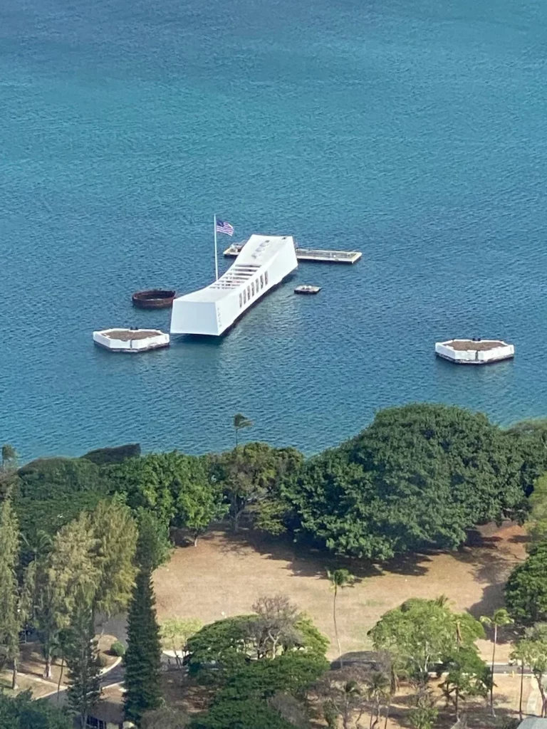 USS Arizona memorial on Oahu as seen from a helicopter