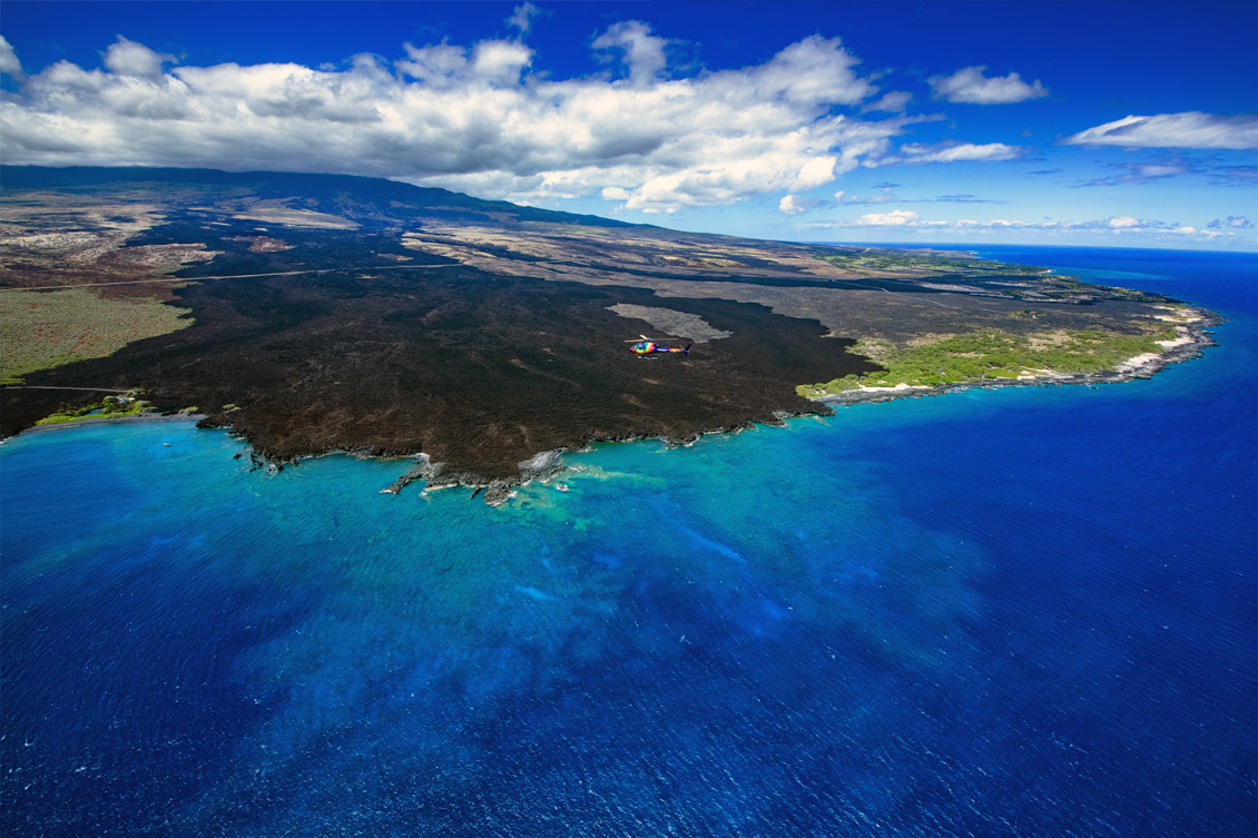 Rainbow Helicopters Big Island hevilcopter tour over Kholo Bay, Hualalai Volcano with