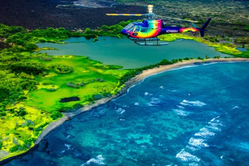 Big Island Helicopter Tour. Rainbow Helicopters Flying Over Kona Coast Fish Ponds On Hawaii Island.