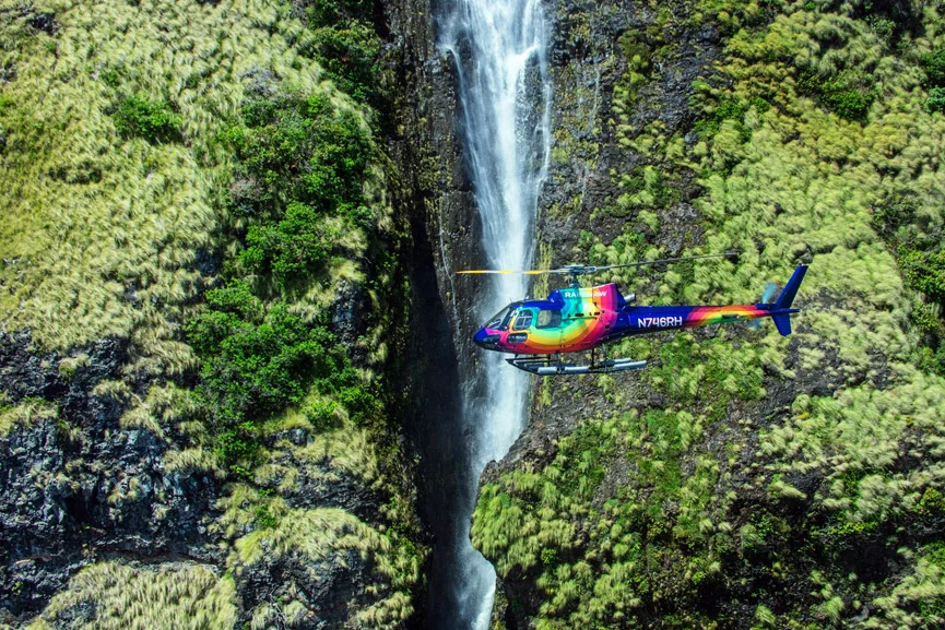 Rainbow Helicopter at Kohala waterfall on Big Island Helicopter tour of Hawaii Island