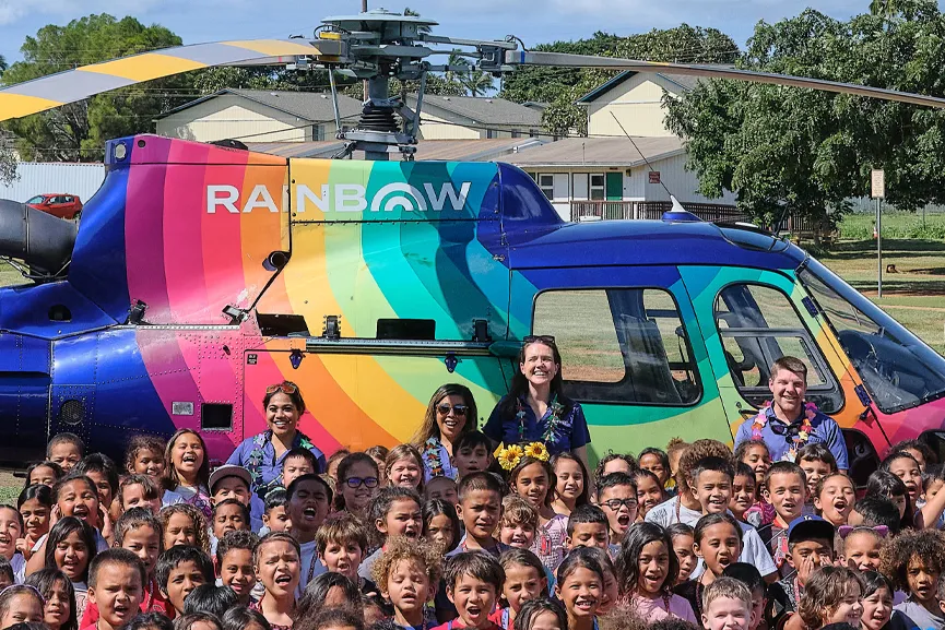 Rainbow Helicopters fly to Iroquois Elementary School for "Wheels Day"